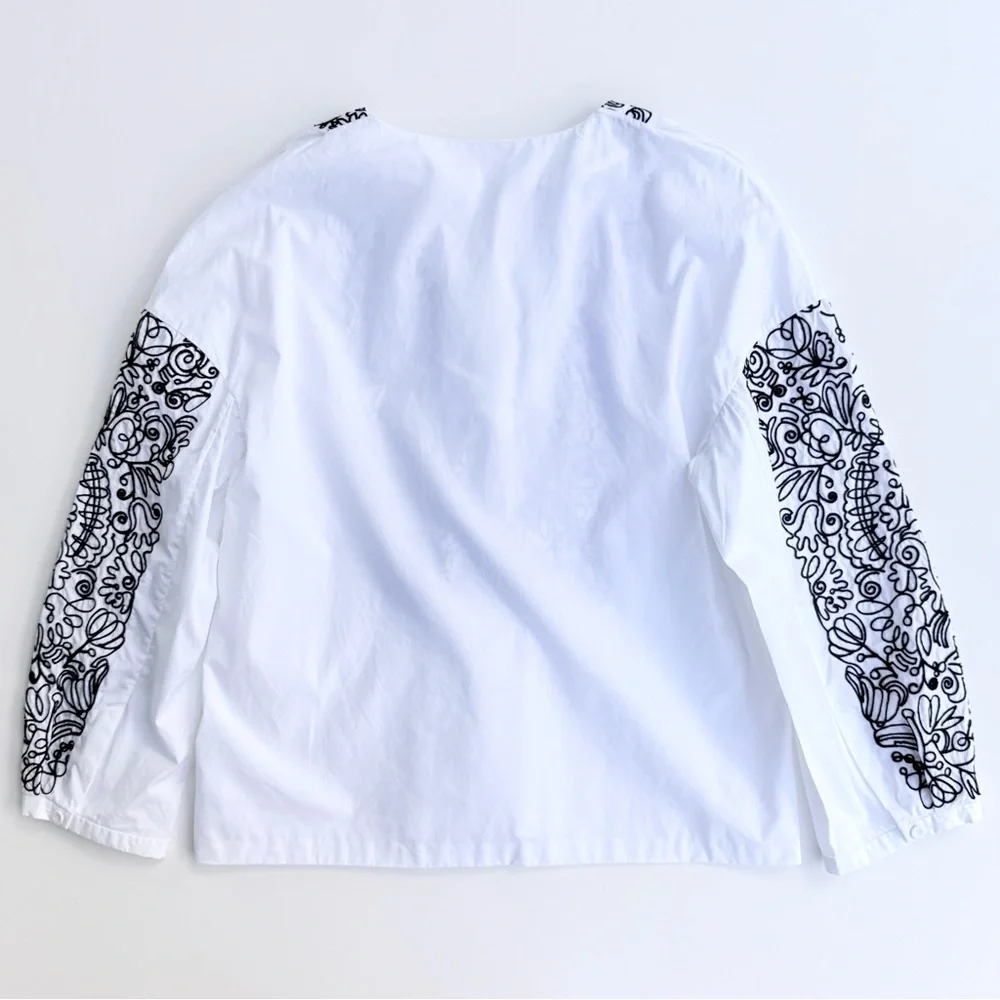 Tory Burch Embroidered White Cotton Poplin Top with Black Embroidery Size 6